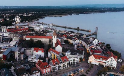 a city next to a body of water