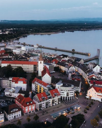 a city next to a body of water